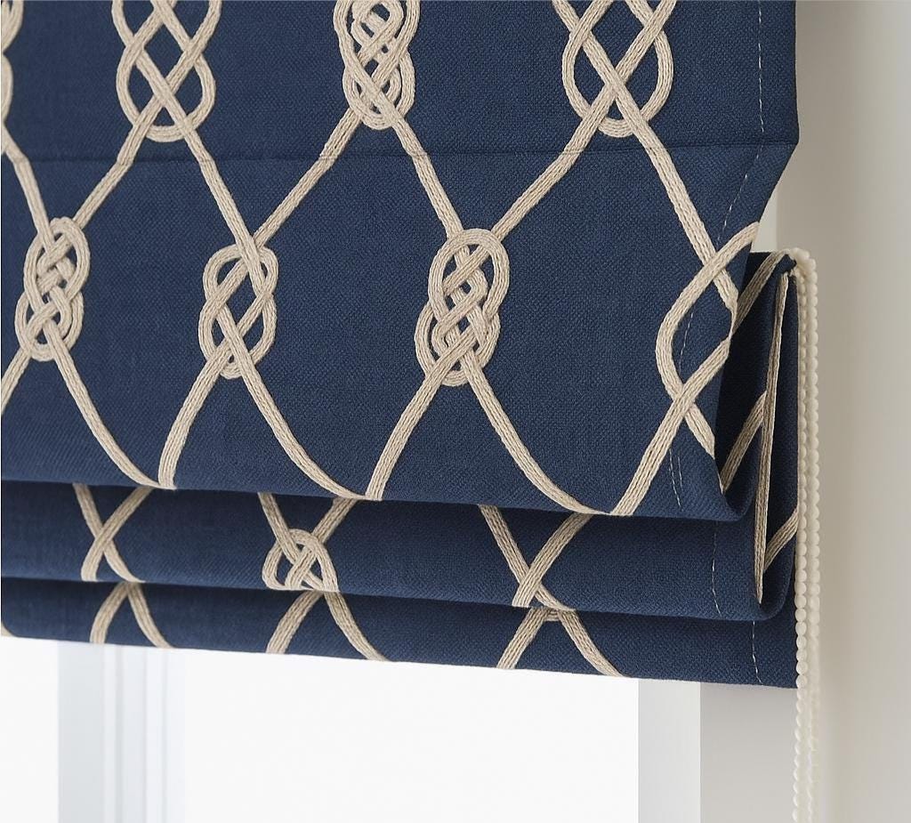 Navy Linen Roman Shade – Coastal Rope Embroidery, Custom Blind