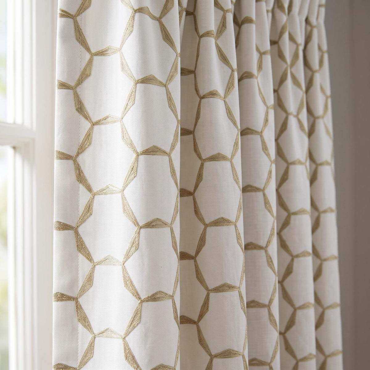 Gold Geometric Embroidered Curtain Panel with Matching Tie Back, White Hexagon Trellis Drapes, Raised Stitch Custom Window Panels