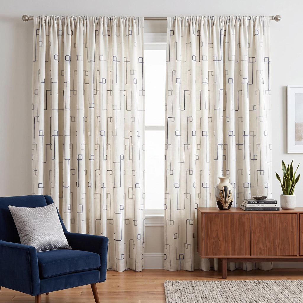 Modern Geometric Embroidered Curtain Panel, Grey Charcoal Loop Pattern Drapes, Raised Stitch White Linen Cotton Window Panels, Custom Size