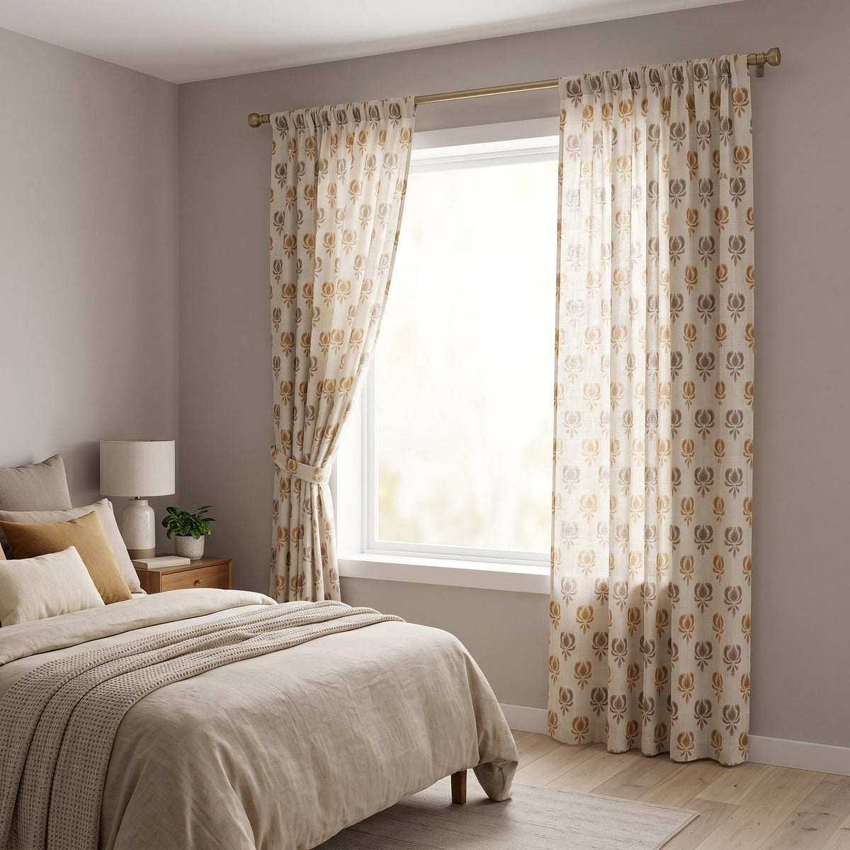 Neutral Floral Woven Linen Drapes, Mustard Beige Tulip Curtain Panels, Earthy Botanical Pattern Curtains, Blackout or Light Filtering