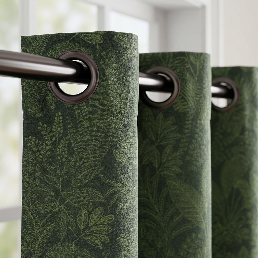 Dark Green Botanical Curtains, Heavy Cotton Linen Drapes, Floral Leaf Window Panels, Custom Moody Forest Green Curtains