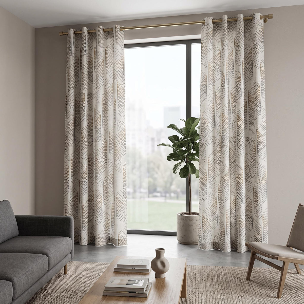 Raised Stitch Geometric Linen Curtains , Embroidered Line Art Drapes , Gold & Charcoal Architectural Window Treatments, Custom Cotton drape