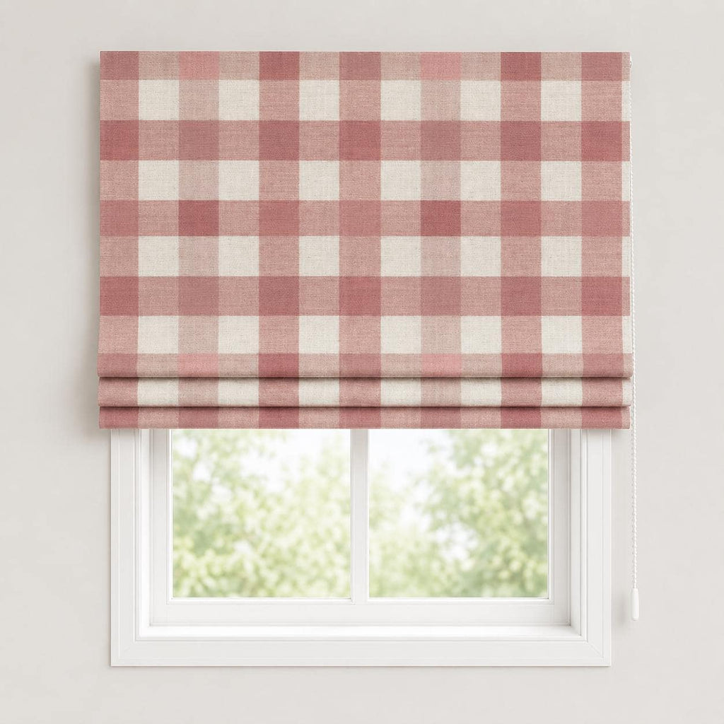 Roman shade with blush pink and ivory gingham checks.