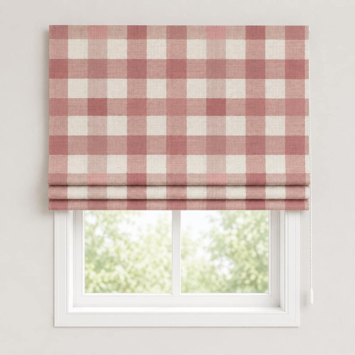 Roman shade with blush pink and ivory gingham checks.