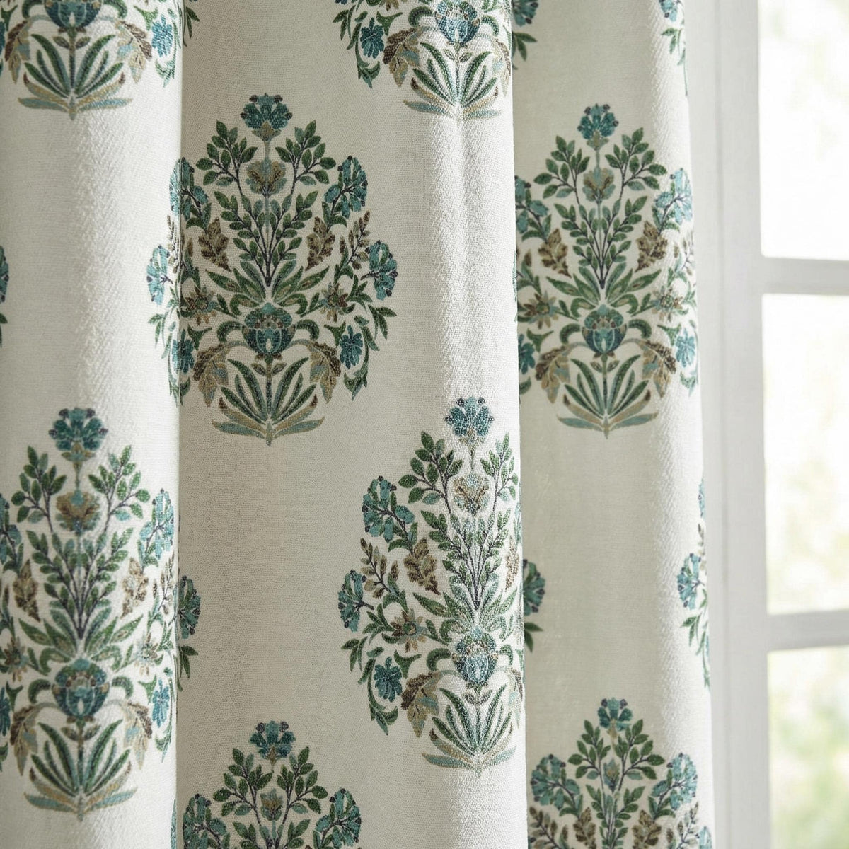 Green Botanical Damask Curtains – Vintage Floral Linen Look Drapes – Custom Size Window Panels – Traditional Cottage Core Home Decor