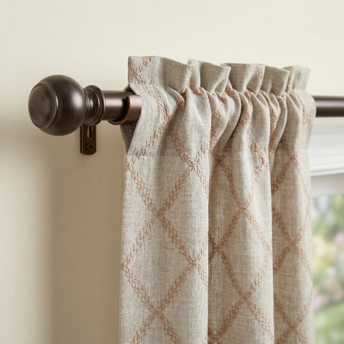 Embroidered Linen Curtains with Terracotta Trellis Pattern, Custom Size Window Drapes, Rustic Boho Living Room Curtains, Custom Panel