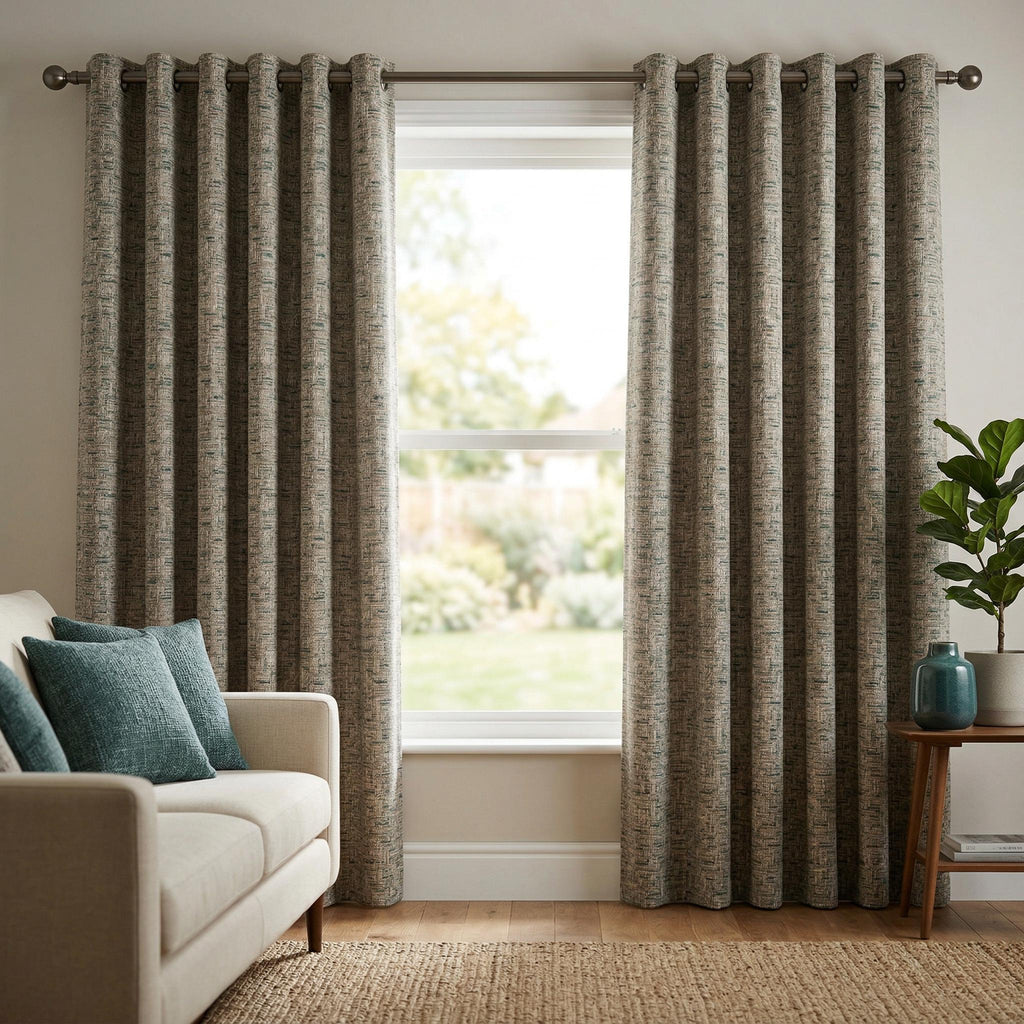 Textured Woven Curtains | Green Beige Neutral Drapes | Modern Living Room Panels