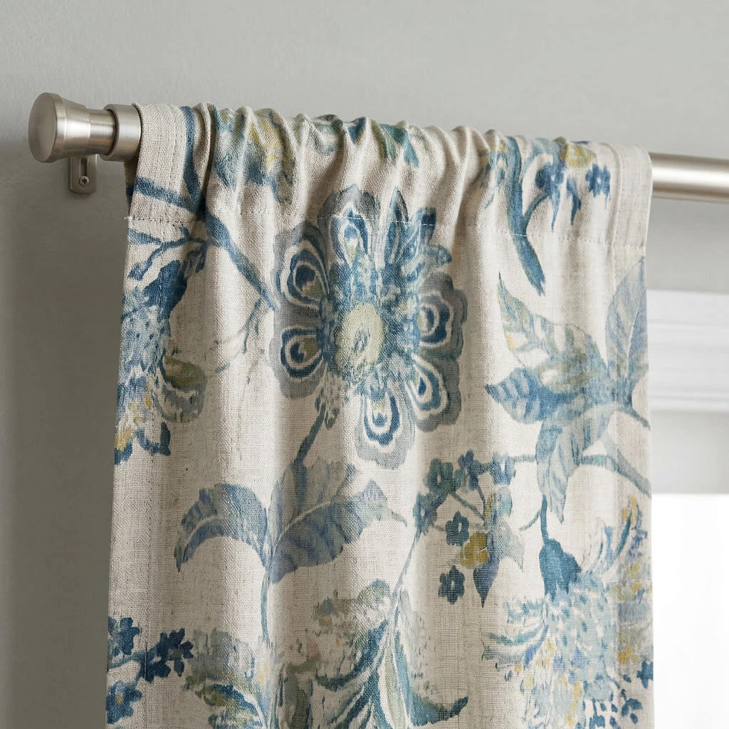 Vintage Blue Floral Curtains | Botanical Linen Panels, Farmhouse Drapes
