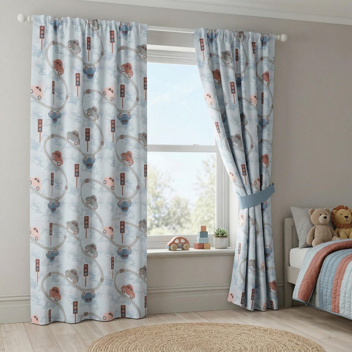 Kids Car Road Curtains | Playful Vehicle Nursery Drapes | Muted Tones Window Panels