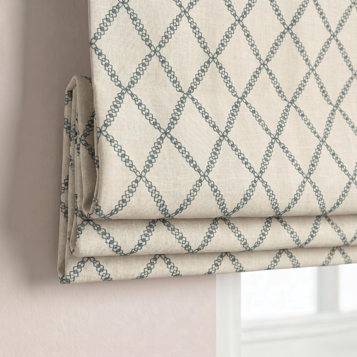 Blue Trellis Roman Shade | Embroidered Linen Roman Blind | Custom Farmhouse Window Treatment