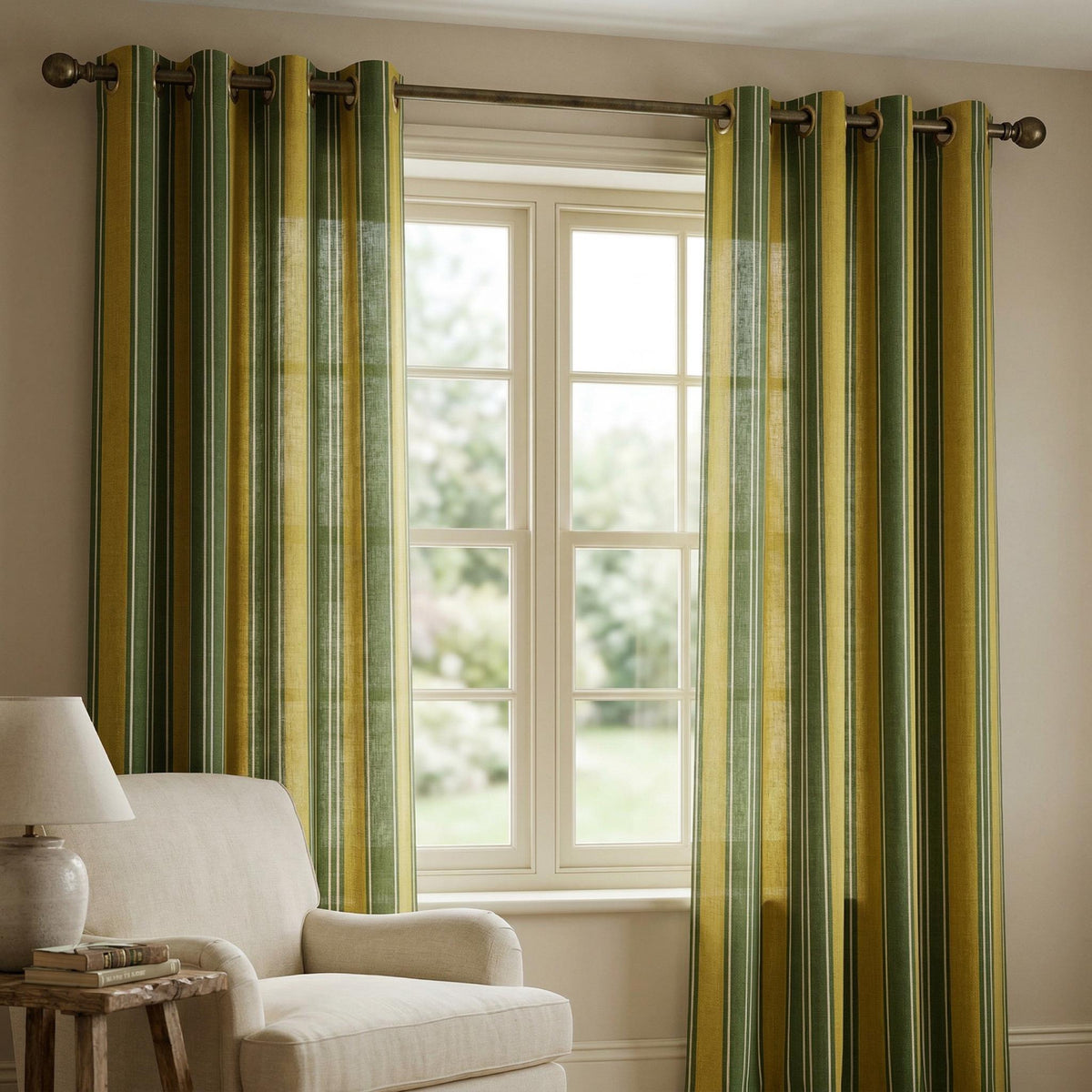 Green Stripe Curtain Panel | Yellow Green Linen cotton Curtains | Modern Farmhouse Drapes | Striped Window Curtain | Custom Size