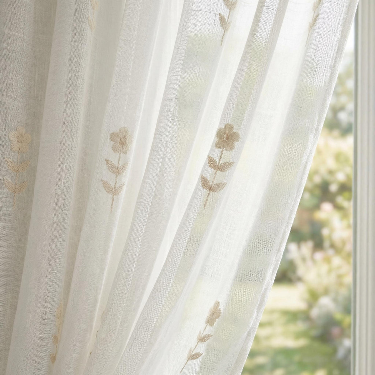 Sheer Embroidered Floral Curtains – Soft Neutral Linen Look Window Panels – Custom Size Drapes