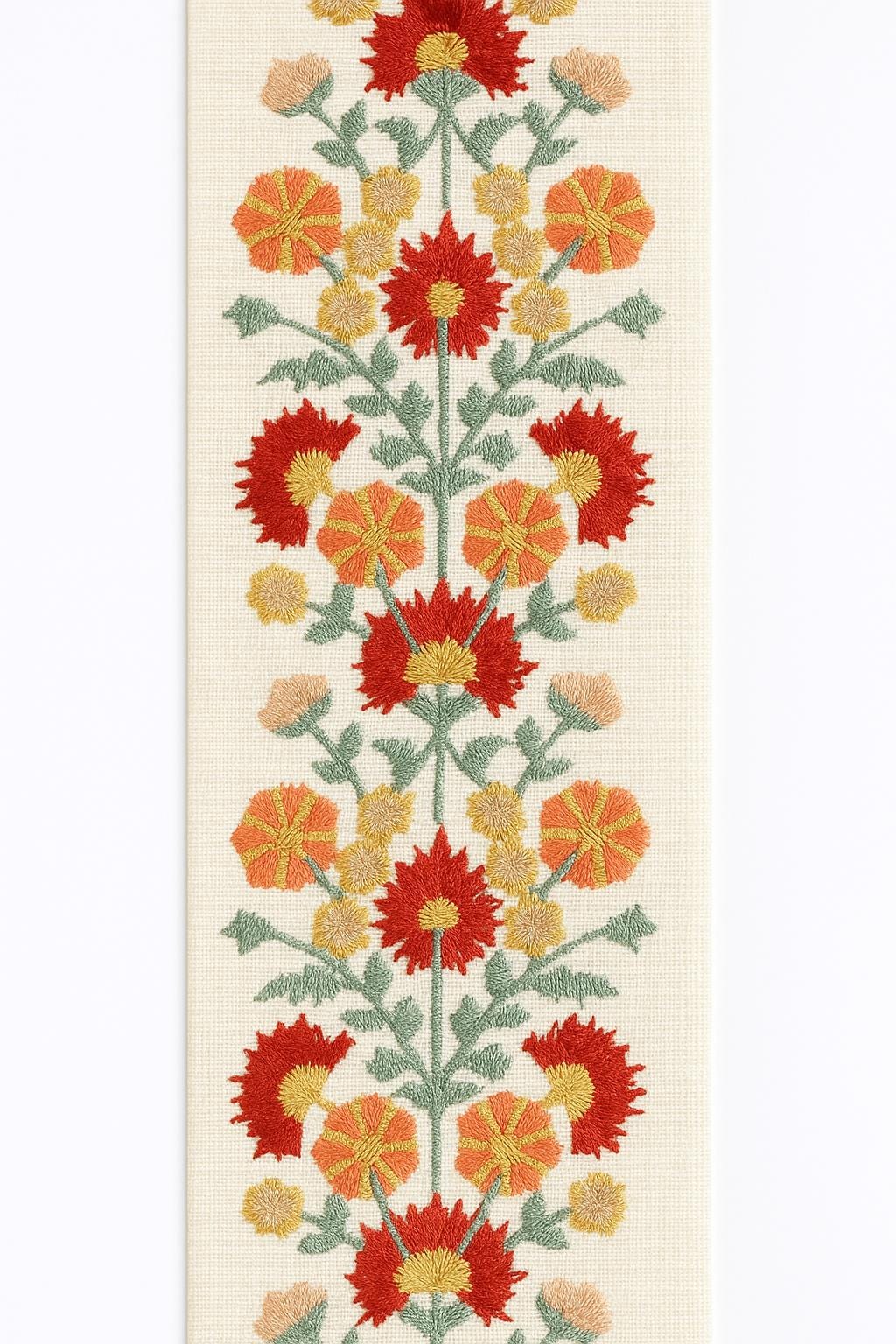 Embroidered Floral Curtain Trim: Red, Mustard & Blue - 4" Wide