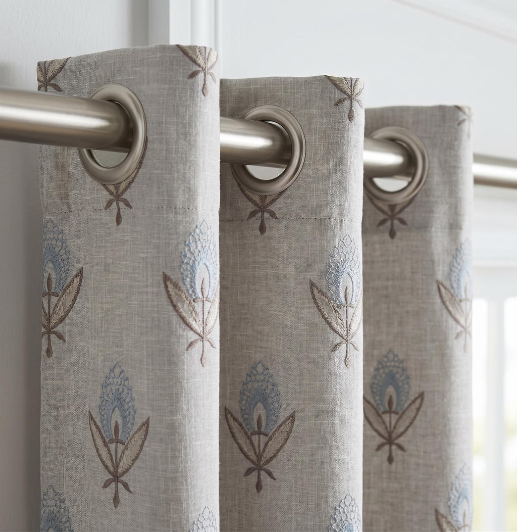 Botanical Embroidered Curtains | Farmhouse embroidered Window Panels| Linen Cotton Blend Drapes | Neutral Boho Curtains
