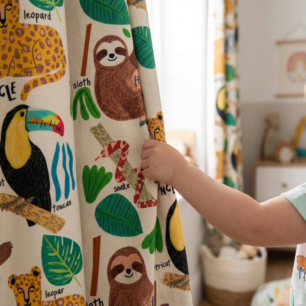 Jungle Animal Curtains for Kids Room, Nursery Jungle Curtains, Safari Animal Window Panels, Custom Size Kids Bedroom Drapes
