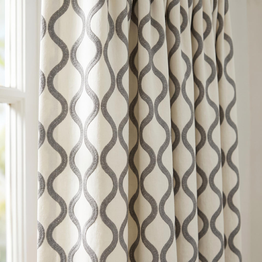 Grey Embroidered Curtains, Ivory Geometric Drapes, Modern Trellis Window Panels, Custom Curtain