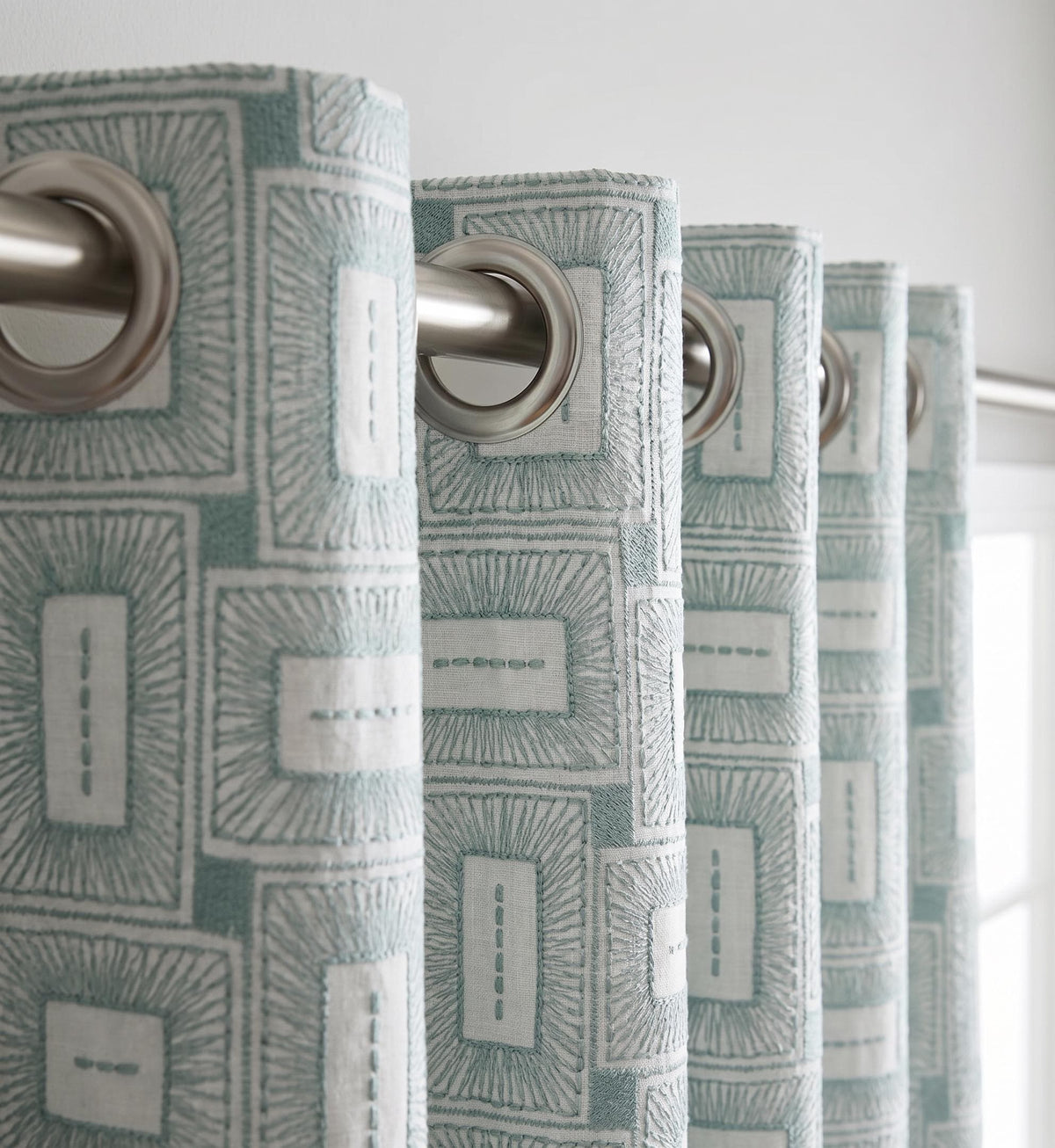 Custom Embroidered Block Pattern Curtain Panel – Textured Woven Soft Blue & Ivory Contemporary Drapes