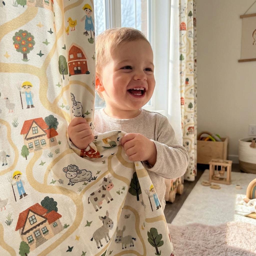 Kids Nursery Curtains Farm Village Design | Custom Made Children’s Drapes | 50 or 100 Inch Wide | Light Filtering or Blackout