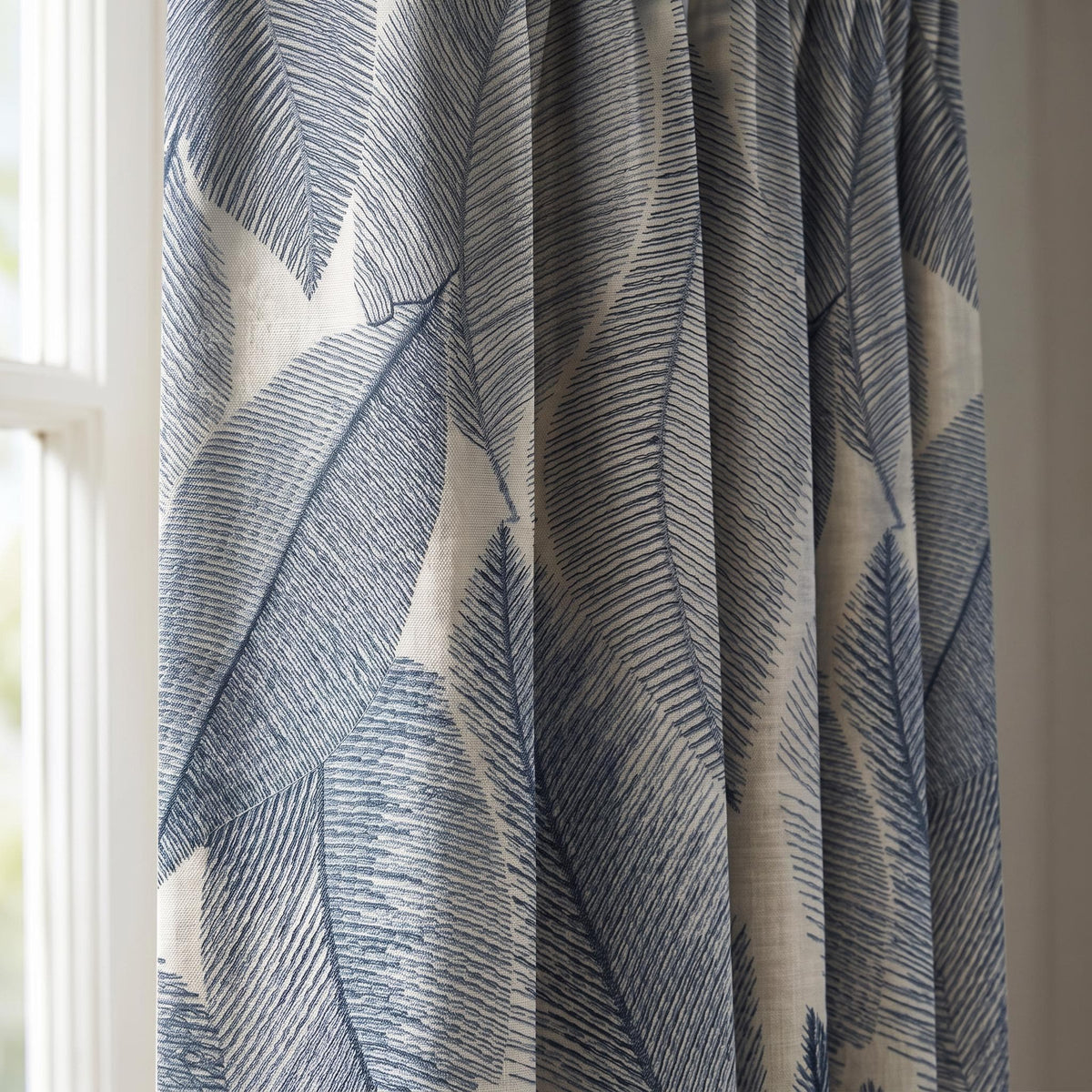 Embroidered Blue Palm Leaf Linen Curtains, Tropical Botanical Drapes, White Custom Curtain Panels, Coastal Farmhouse Living Room Drapery