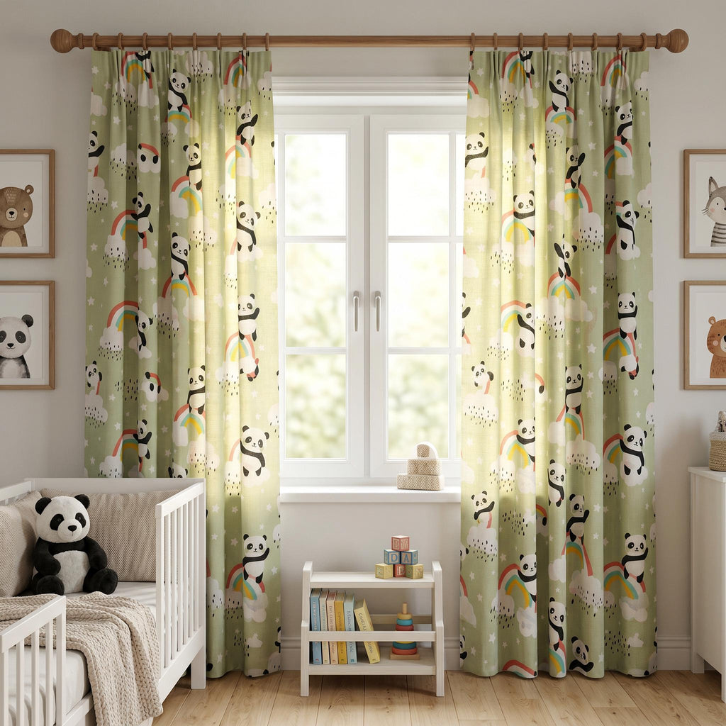 Panda Rainbow Curtains, Sage Green Kids Room Curtains, Block Print Nursery Drapes, Cloud Star Curtain Panel, Custom Window Curtain