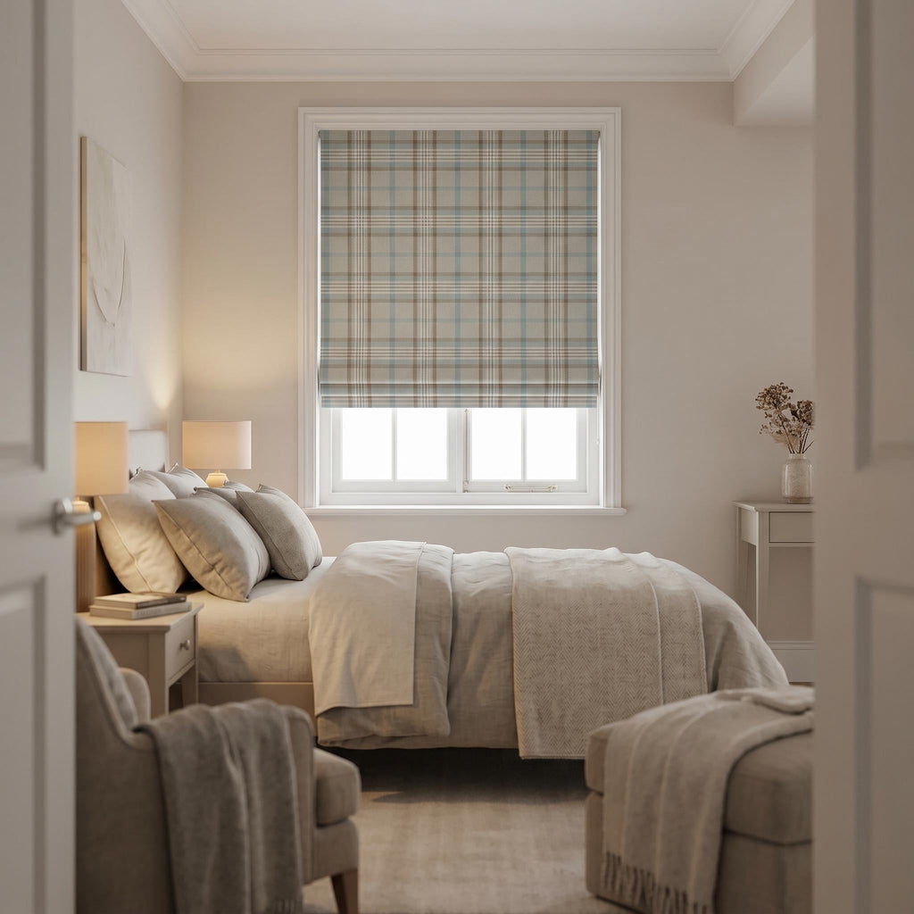 Plaid Roman Shade, Custom Window Shade, Neutral Check Roman Blind, Farmhouse Window Treatment, Corded Roman Shade, Made to Measure