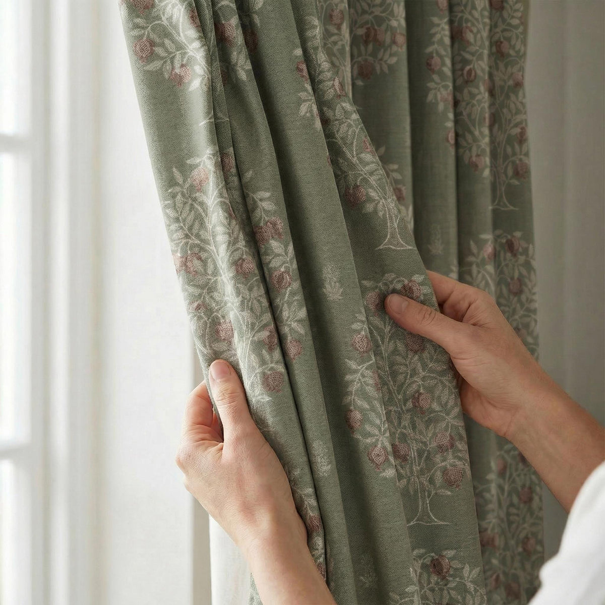 Sage Green Botanical Tree Curtains | Custom Linen-Look Drapes | Nature Inspired Window Curtains | Farmhouse Cottage Decor
