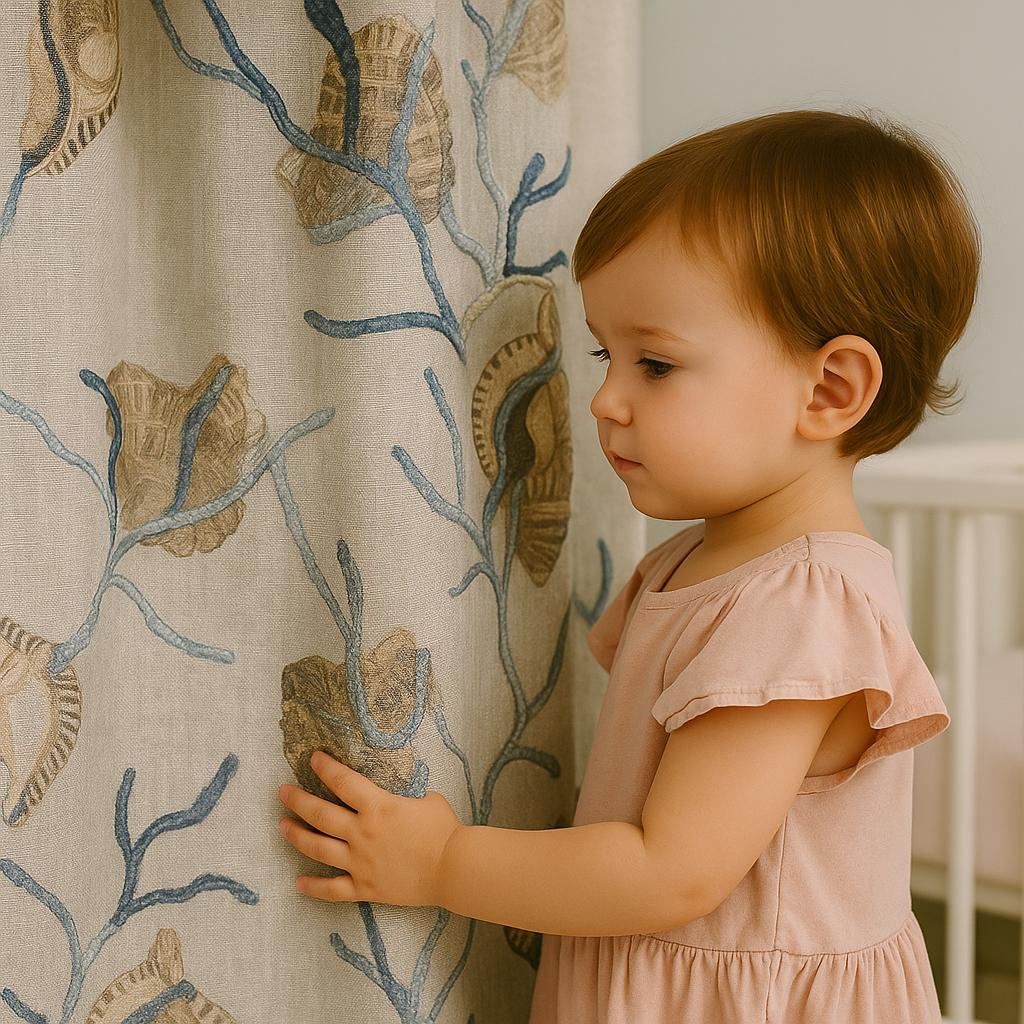 Embroidered Seashell Nursery Curtain ,Whimsical Leaf Embroidery Curtain, Cozy Kids Room Drapery