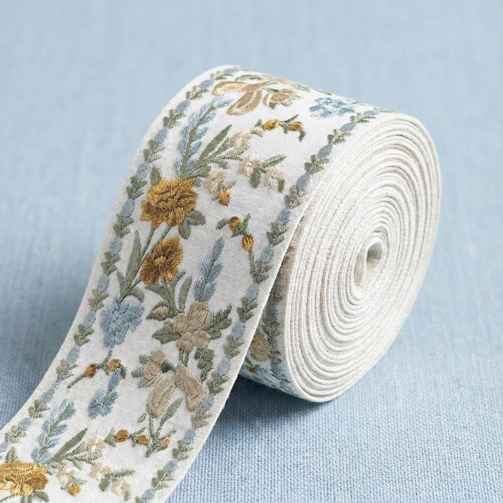 Regal French Country Embroidered Trim - Dusty Rose & Sage Floral Ribbon