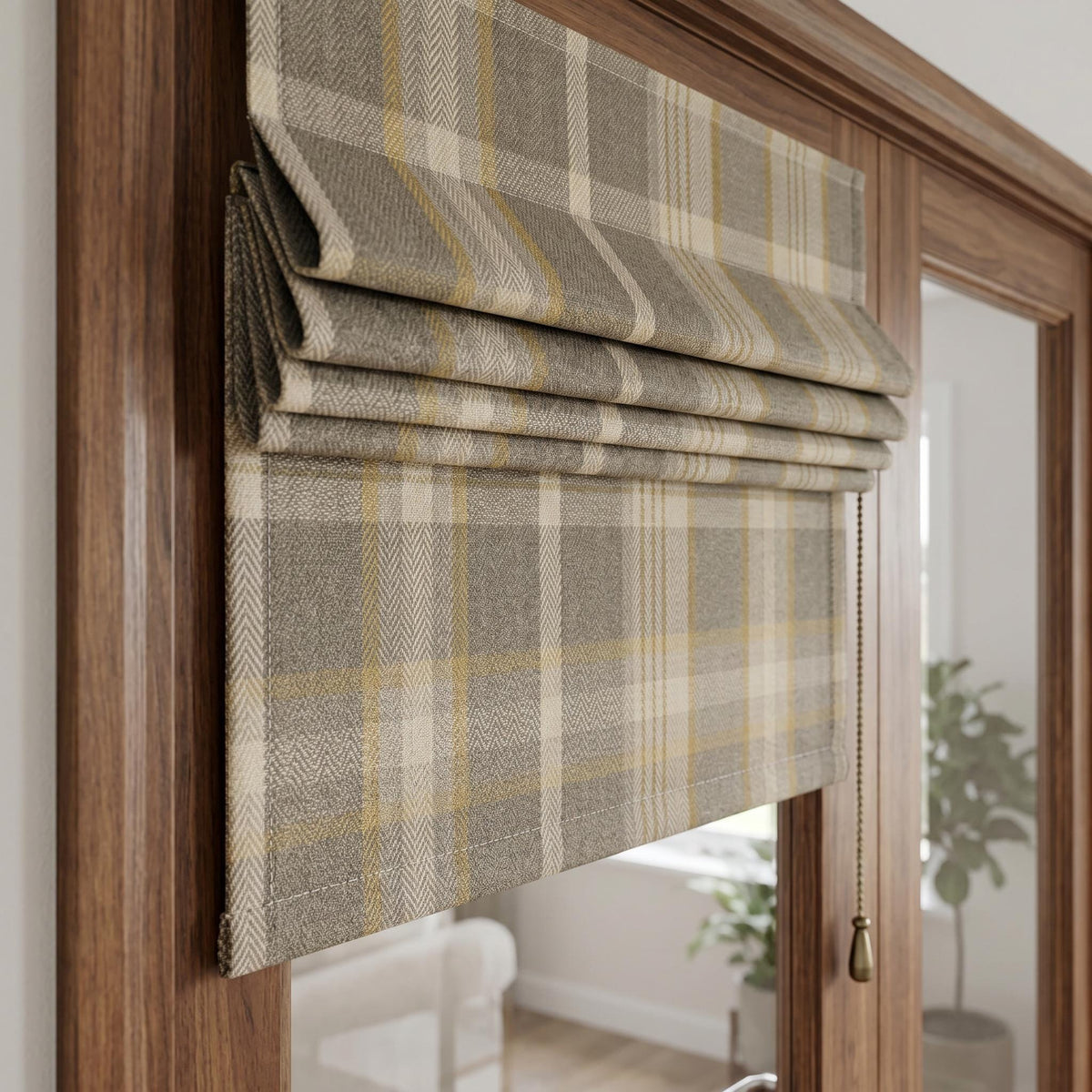 Tailored Plaid Roman Shade, Custom Fit Neutral Check Window Blind, Elegant Fabric Roman Curtain