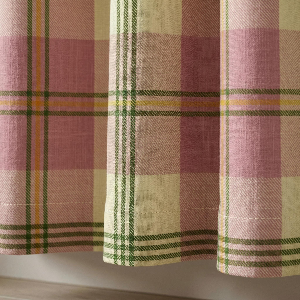 Pink Green Plaid Curtain Panels | Farmhouse Check Curtains | Linen Look Drapes | Custom Width & Lining Options