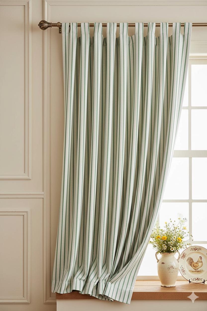 Green Stripe Curtains – Rustic Cottage & Woodland Style Drapes for Living Room Bedroom, Minimalist Farmhouse Window Panels, Custom Sizes
