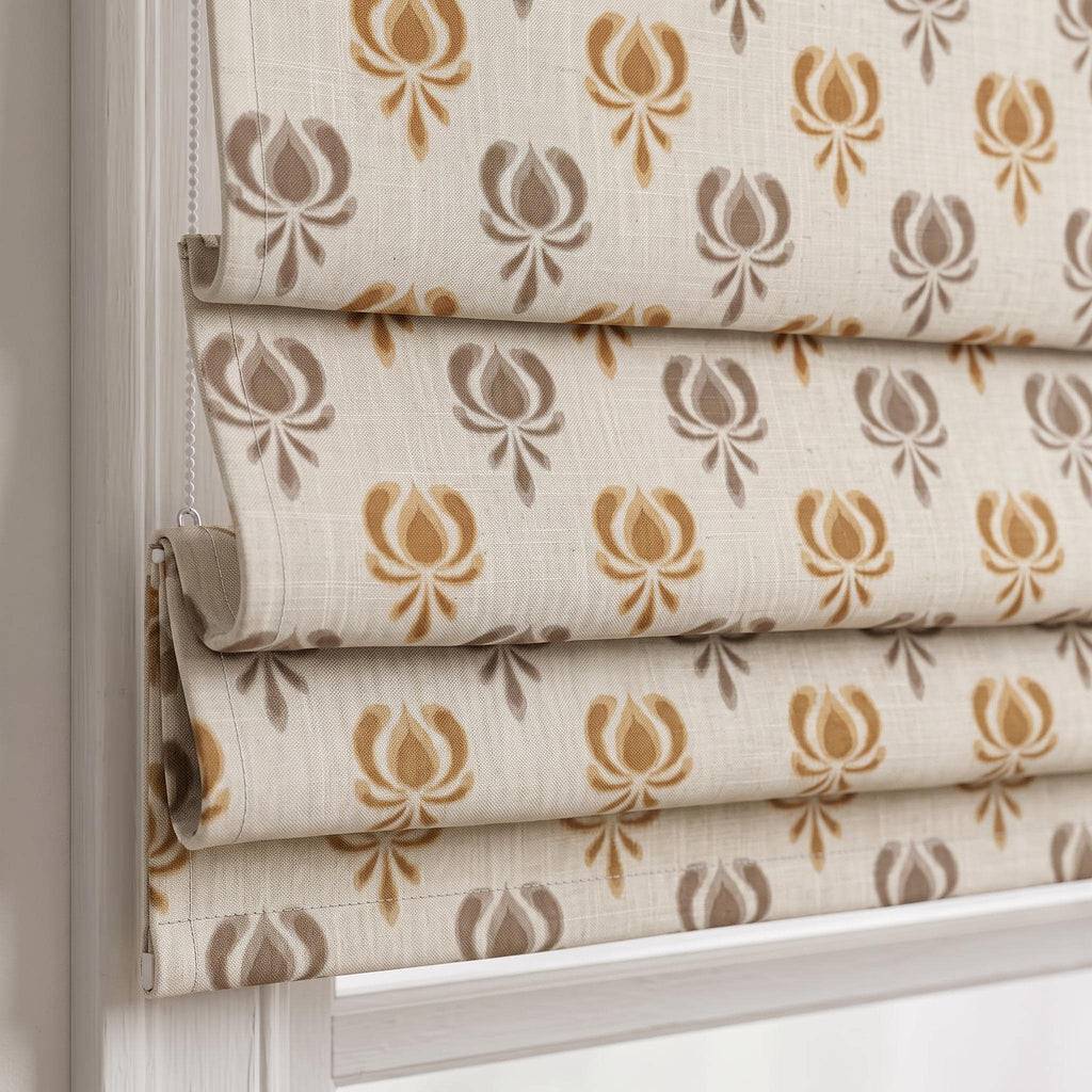 Neutral Floral Woven Linen Roman Shade, Mustard Beige Tulip Window Blind, Earthy Botanical Pattern Shade, Blackout or Light Filter