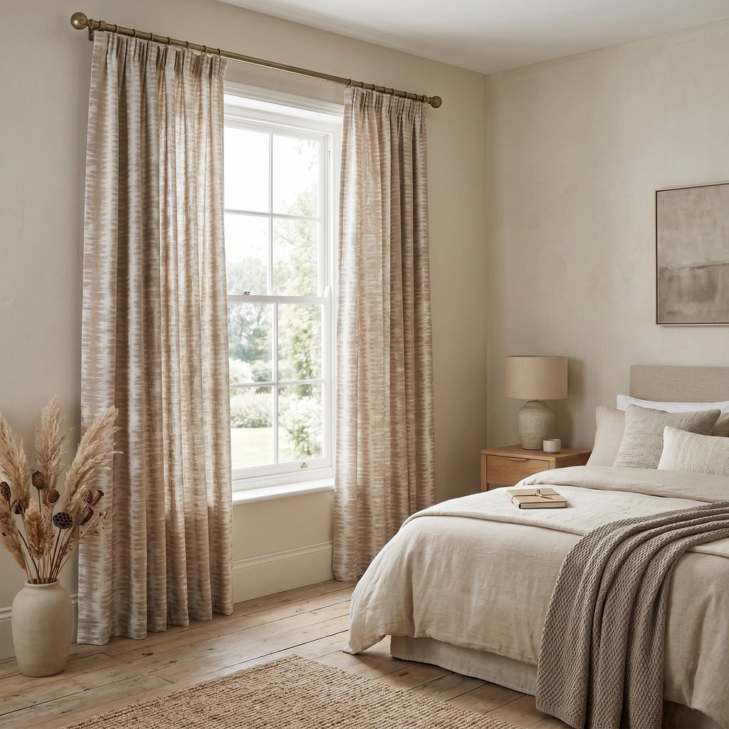 Taupe Linen Blend Curtains, Neutral Ikat Stripe Drapes, Beige Light Filtering Curtain Panel, Custom Window Curtains