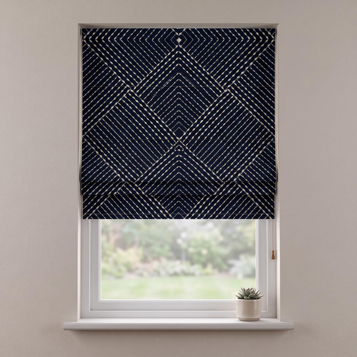 Navy Geometric Roman Shades , Diamond Pattern Window Blinds , Made-to-Measure Woven Fabric Window Coverings