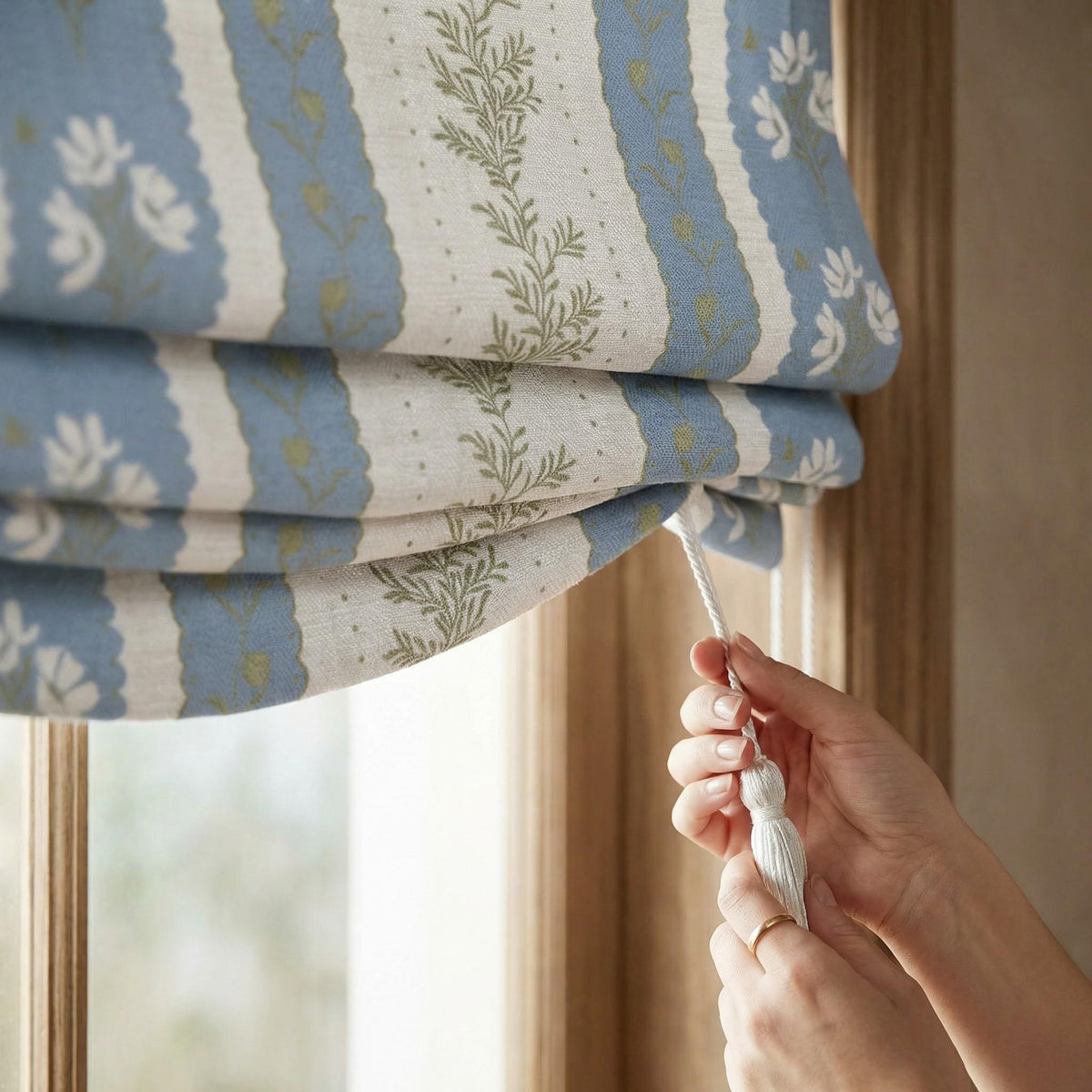 Farmhouse Blue Floral Roman Shade, Custom Stripe Window Blind, French Country Decor