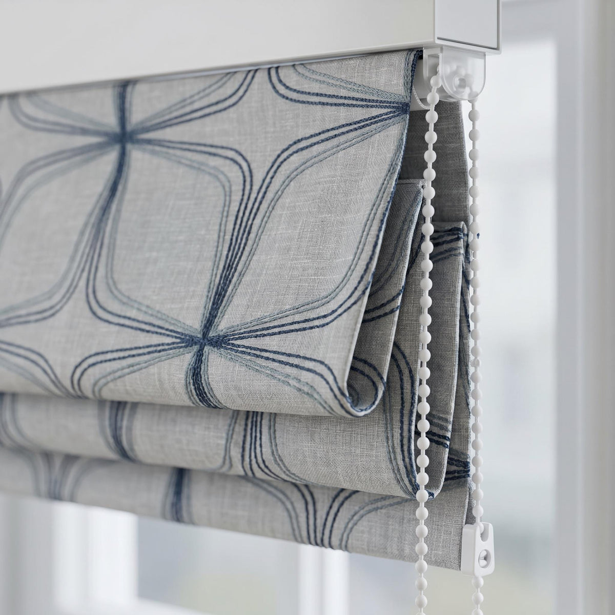 Embroidered Blue Geometric Roman Shade, Linen Look Custom Roman Blind, Navy Blue Embroidered Window Shade, Modern Farmhouse Window Treatment