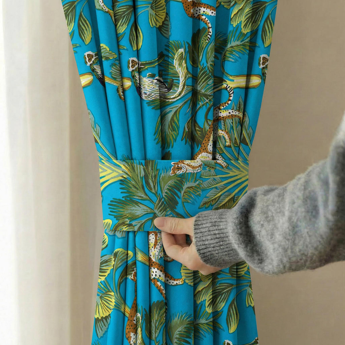Hand Block Print Jungle Curtains | Blue Tropical Animal Print Drapes | Leopard & Palm Design | Custom Linen Curtains