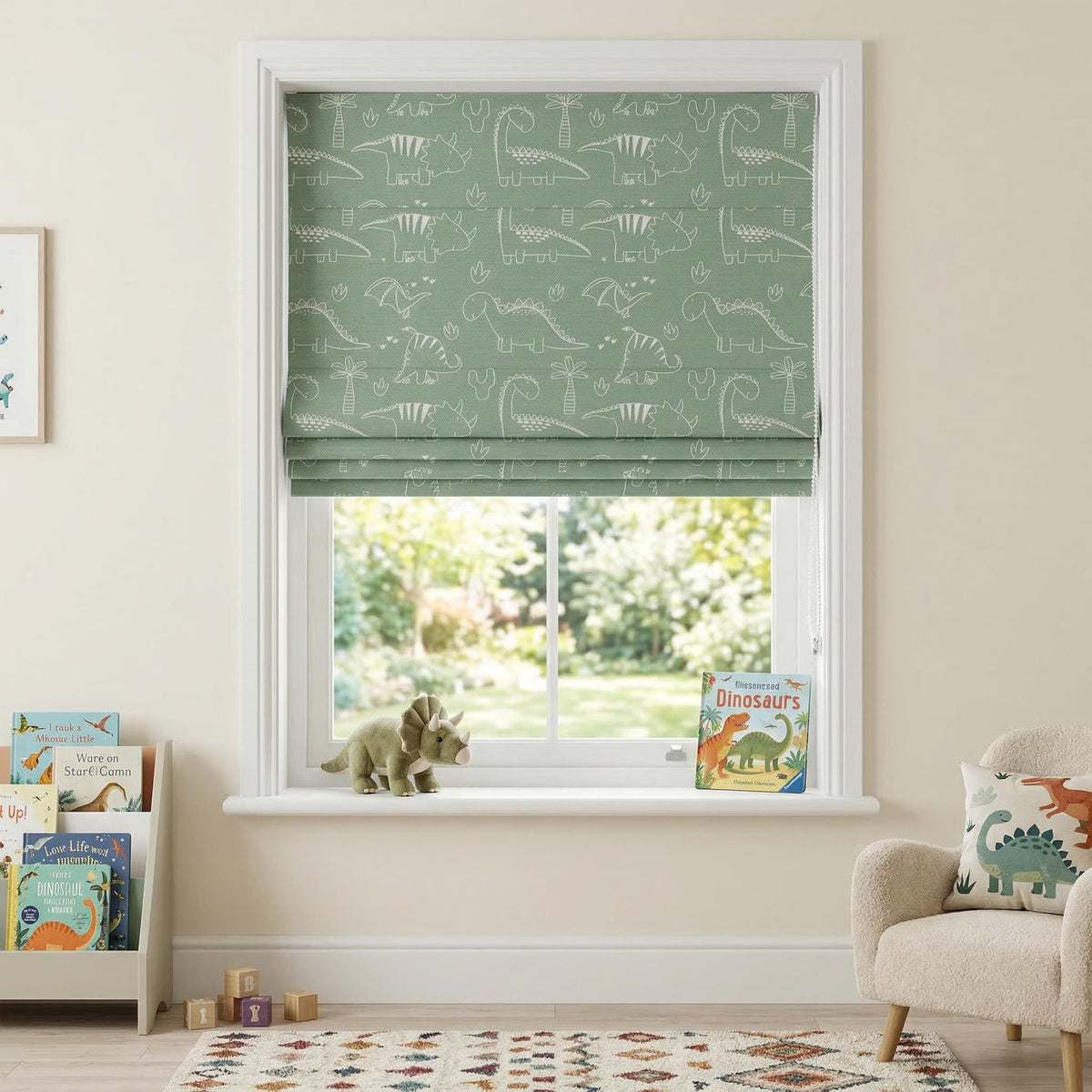 Dinosaur Roman Shade | Kids Dinosaur Window Shade | Green Nursery Roman Blind | Dinosaur Nursery Decor | Custom Size Kids Window Shade