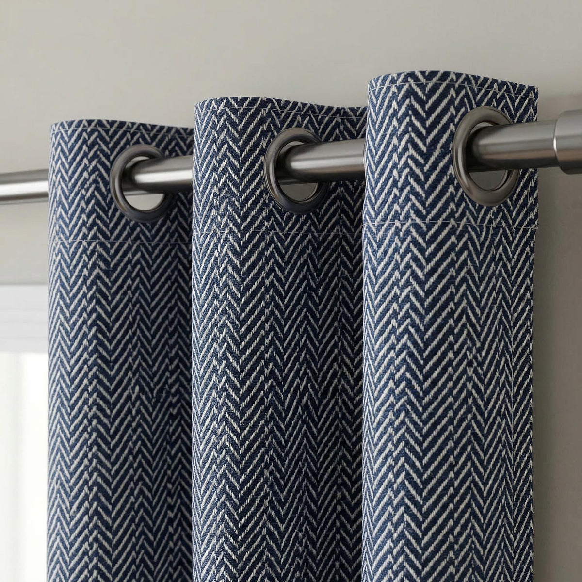 Navy Herringbone Curtains, Grommet Top Drapes, Custom Size Window Panels, Modern Blue Pattern Curtains for Living Room Bedroom