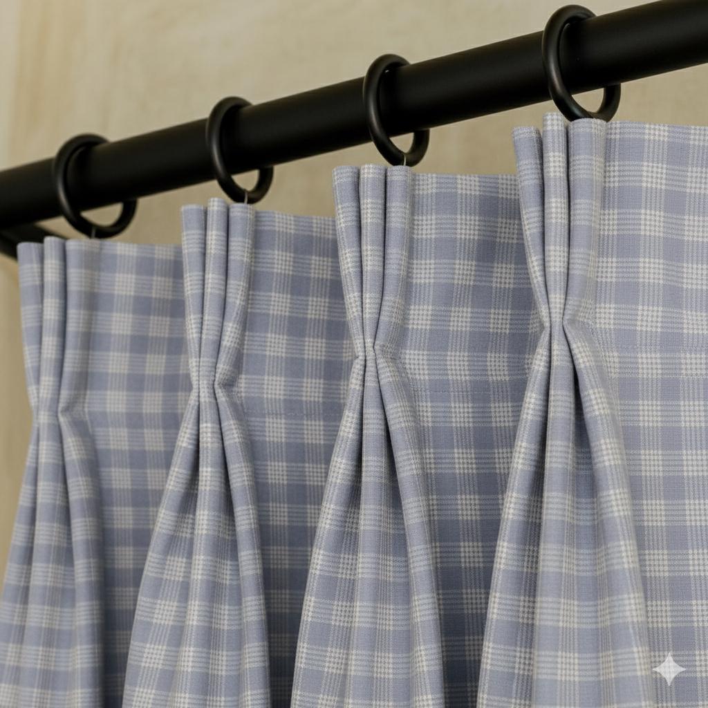 Linen-Look Plaid Curtains | Slate Blue Tartan Check | Triple, Dual, Euro Pleat Drapes | Blackout Option