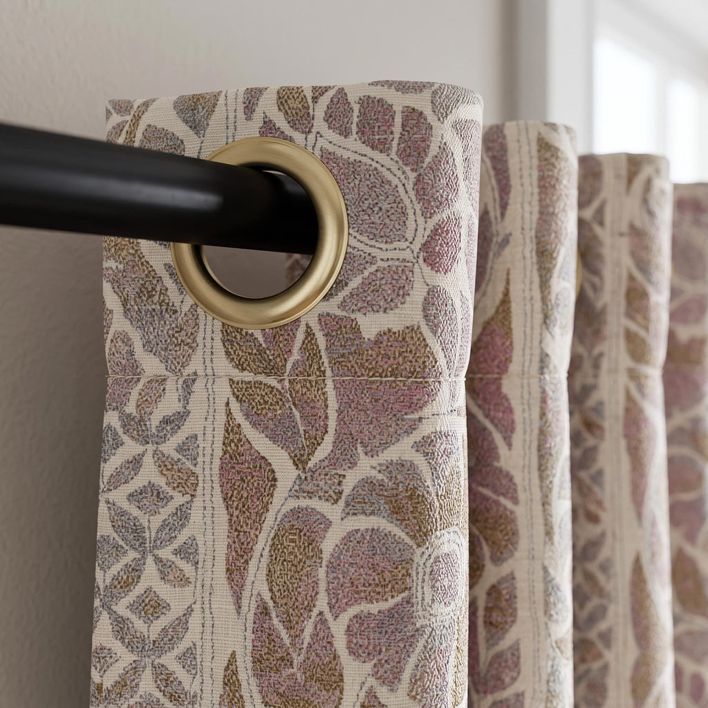 Botanical Floral Cotton Linen Curtains – Muted Mauve, Taupe Textured Drapes – Vintage Elegance Bedroom and Living Room Window Panels