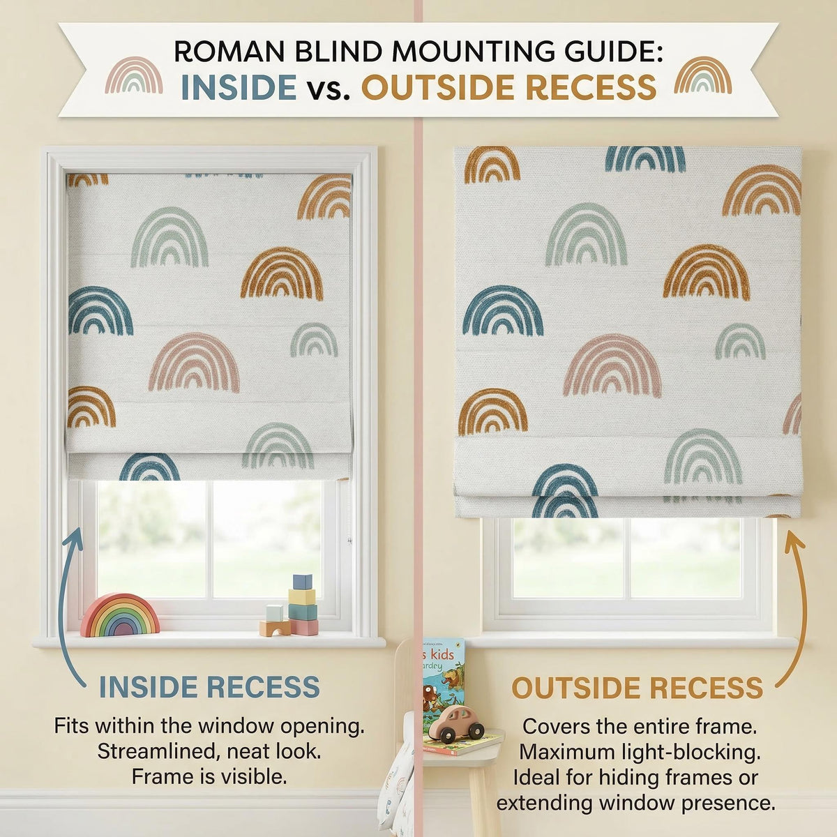 Rainbow Roman Shade | Boho Nursery Window Shade | Modern Kids Room Roman Blind | Neutral Rainbow Window Treatment | Custom Size Roman Shade