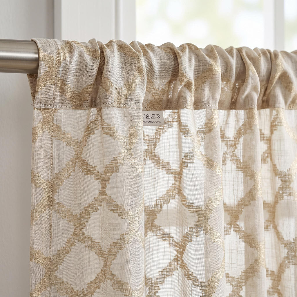 Beige Sheer Curtains, Geometric Sheer Drapes, Ivory Window Panels, Neutral Sheer Curtains, Custom Grommet Curtains, Modern Farmhouse