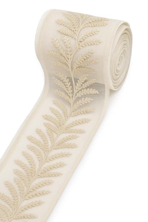Champagne Leaf Embroidered Organza Trim: Ivory Lace Border, 10 cm Wide