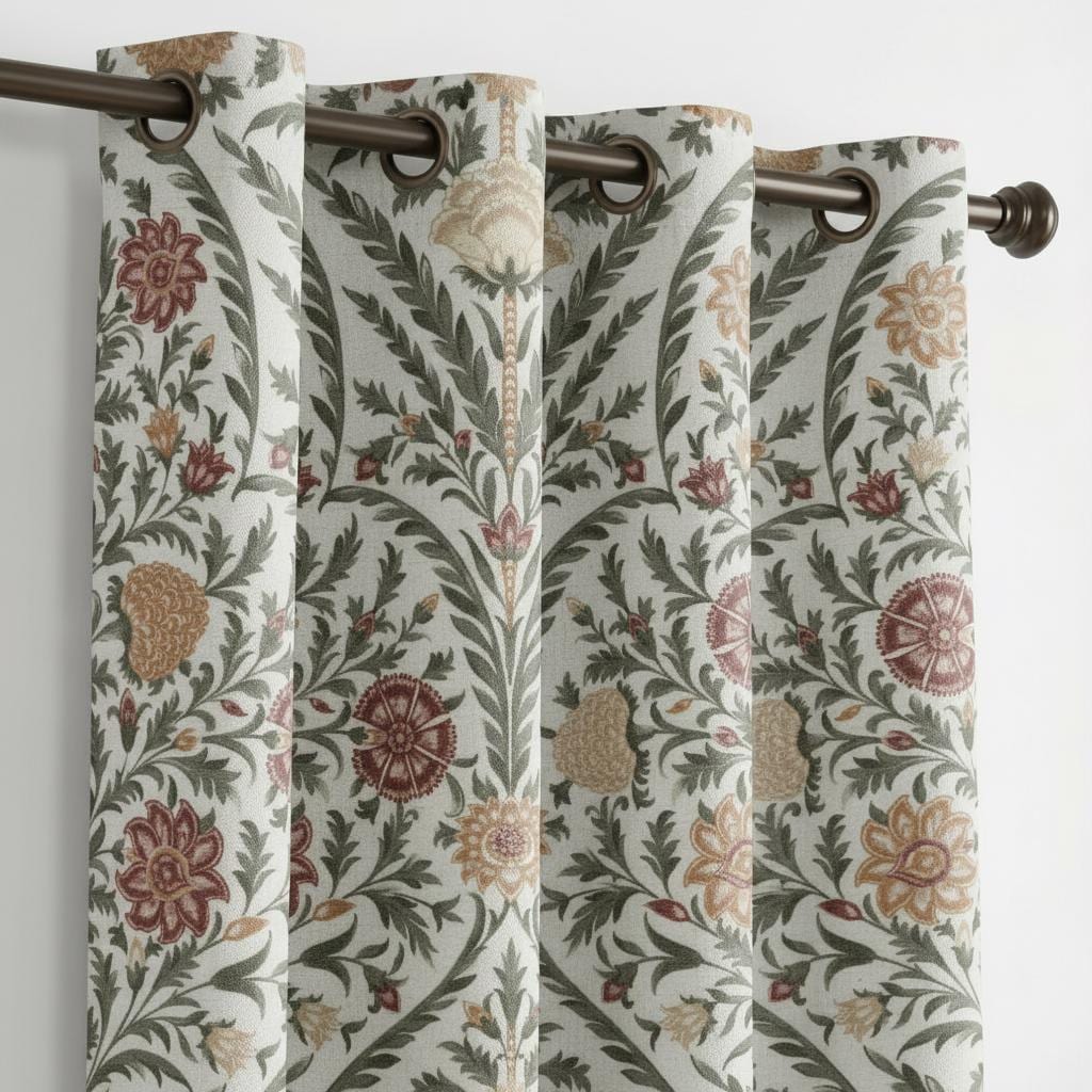 Botanical cotton curtains in ivory, soft green and warm neutral tones.