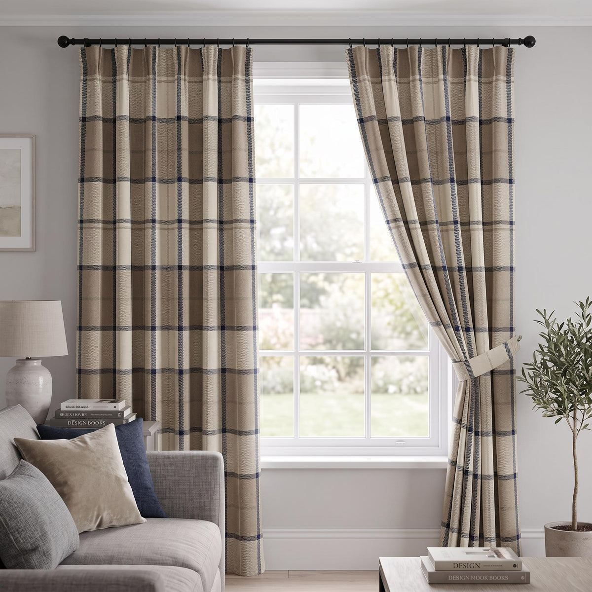 Beige Plaid Drapes, Navy Blue & Beige Check Curtains, Herringbone Grid Custom Window Drapes, Modern Farmhouse Living Room Bedroom Panels