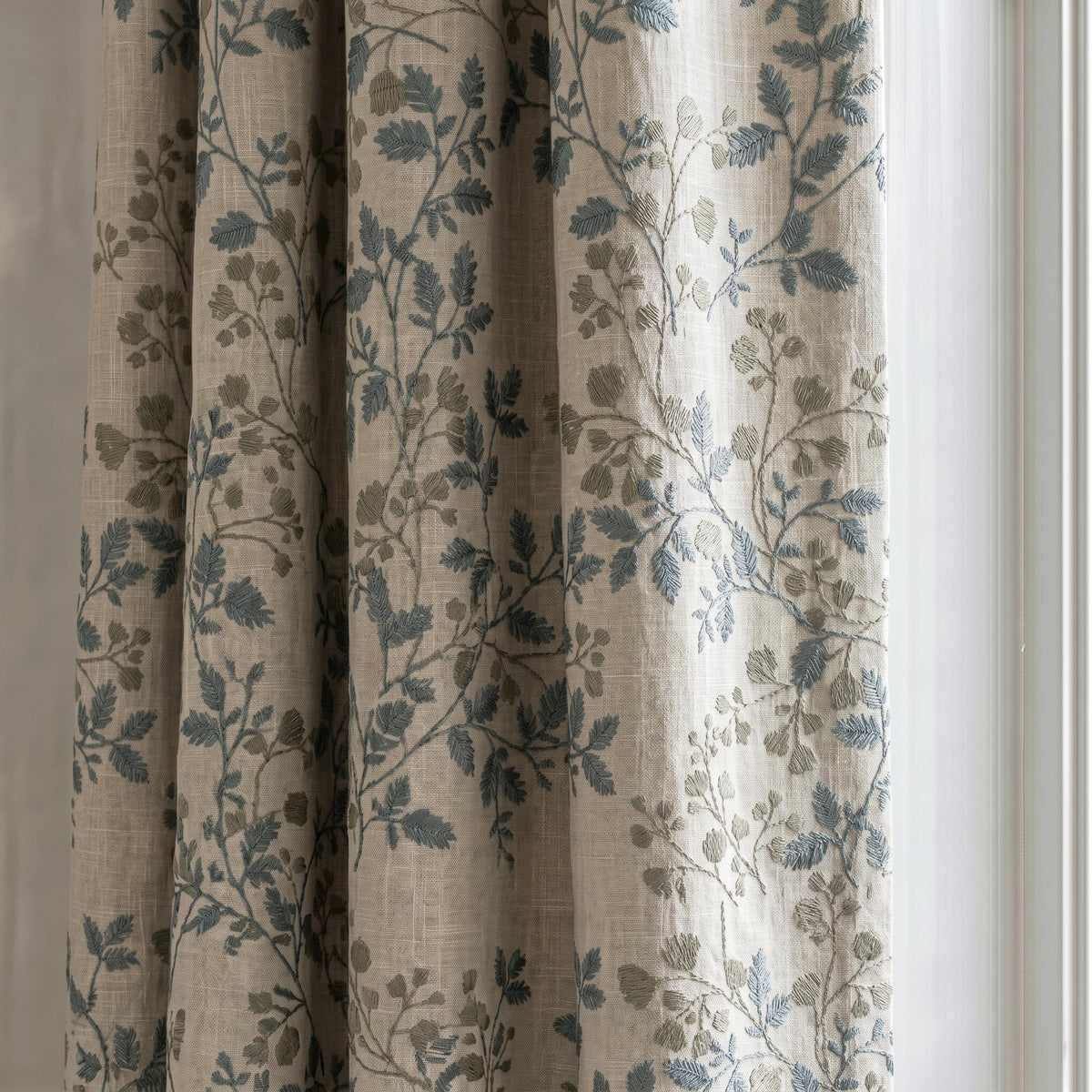 Blue Olive Botanical Embroidered Linen Curtains, OEKO-TEX Beige Floral Drapes, Cottage Farmhouse Custom Curtain Panels