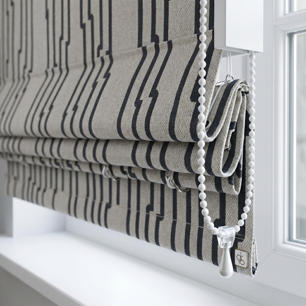 Geometric Roman Shade, Black Beige Patterned Window Shade, Custom Linen Look Roman Blind, Modern Window Treatment, Privacy & Blackout Option