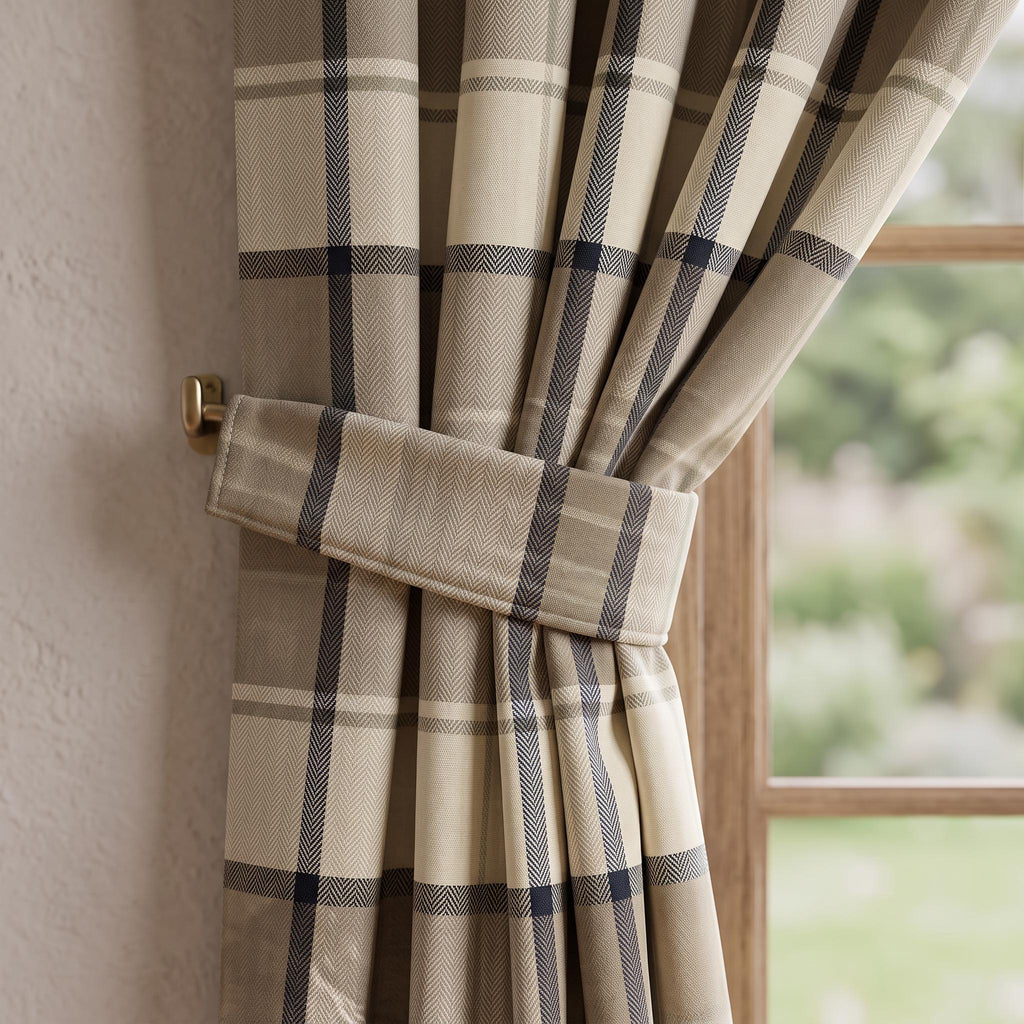 Beige Plaid Drapes, Navy Blue & Beige Check Curtains, Herringbone Grid Custom Window Drapes, Modern Farmhouse Living Room Bedroom Panels