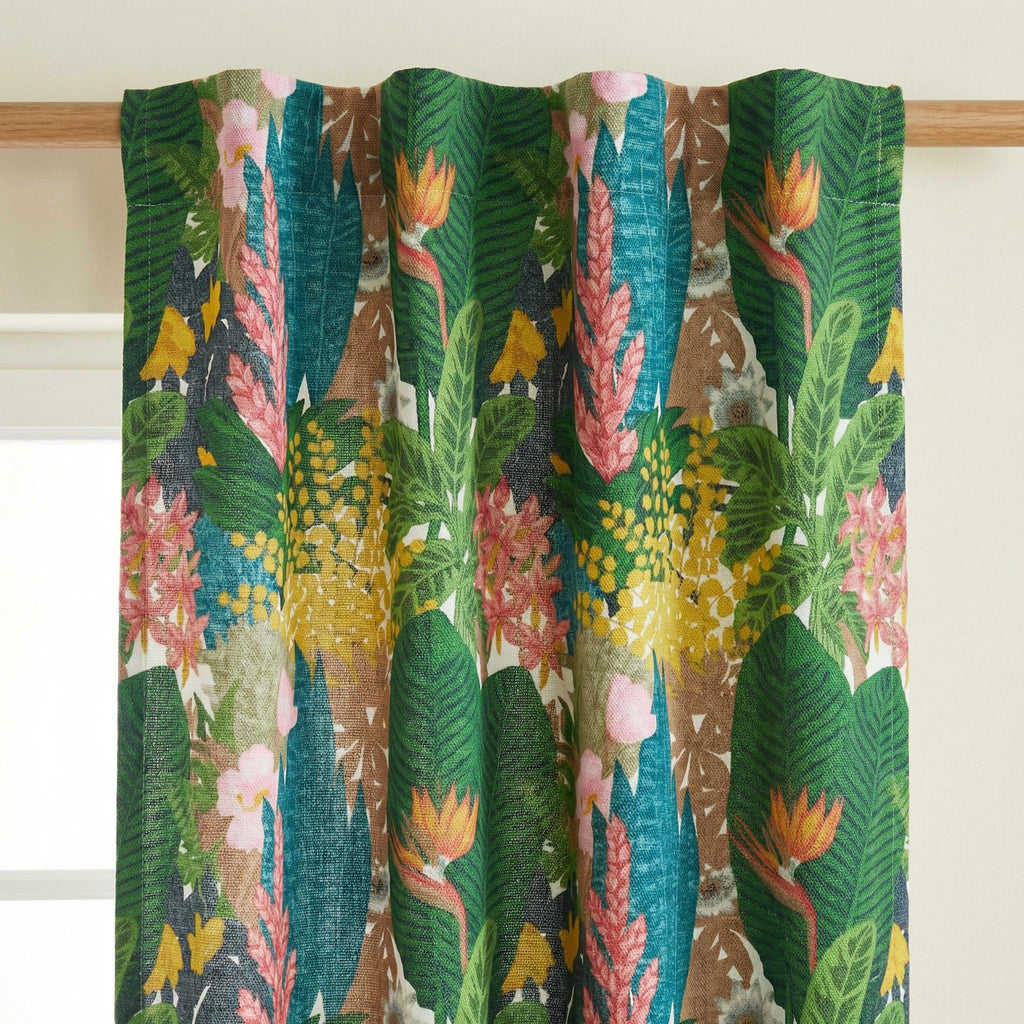 Tropical Botanical Curtains ,Bold Floral Linen Look Drapes , Green Pink Jungle Print – Custom Window Panels ,Living Room Bedroom Decor